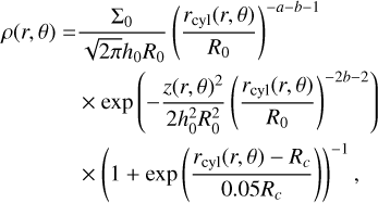 Mathematical equation: \begin{split} \rho(r,\theta) = & \frac{\Sigma_0}{\sqrt{2\pi}h_0R_0}\left(\frac{r_\mathrm{cyl}(r, \theta)}{R_0}\right)^{-a-b-1}\\ &\times\exp\left(-\frac{z(r, \theta)^2}{2h_0^2R_0^2}\left(\frac{r_\mathrm{cyl}(r,\theta)}{R_0}\right)^{-2b-2}\right)\\ &\times\left(1+\exp\left(\frac{r_\mathrm{cyl}(r,\theta)-R_c}{0.05R_c}\right)\right)^{-1}, \end{split}