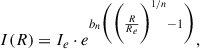 Mathematical equation: $$ \begin{aligned} I(R) = I_e\cdot e^{{b_n\bigg (\bigg (\frac{R}{R_e}\bigg )^{1/n}-1\bigg )}}, \end{aligned} $$