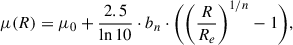 Mathematical equation: $$ \begin{aligned} \mu (R) = \mu _0+\frac{2.5}{\ln {10}}\cdot b_n\cdot \bigg (\bigg (\frac{R}{R_e}\bigg )^{1/n}-1\bigg ), \end{aligned} $$