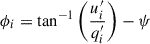 Mathematical equation: $$ \begin{aligned} \phi _i = \tan ^{-1} \bigg (\frac{u_i^{\prime }}{q_i^{\prime }}\bigg ) - \psi \end{aligned} $$