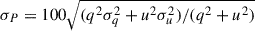 Mathematical equation: $ \sigma_{P} = 100 \sqrt{(q^2 \sigma_{q}^2 + u^2 \sigma_{u}^2)/(q^2 + u^2)} $