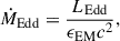 Mathematical equation: $$ \begin{aligned} \dot{M}_\mathrm{Edd} = \frac{L_\mathrm{Edd} }{\epsilon _\text{EM}c^2}, \end{aligned} $$