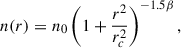 Mathematical equation: $$ \begin{aligned} n(r) = n_0 \left(1 + \frac{r^2}{r_c^2} \right)^{-1.5\beta }, \end{aligned} $$