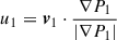 Mathematical equation: $ u_1 = \boldsymbol{v}_1\cdot\frac{\nabla P_1}{\left|\nabla P_1\right|} $
