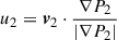 Mathematical equation: $ u_2 = \boldsymbol{v}_2\cdot\frac{\nabla P_2}{\left|\nabla P_2\right|} $