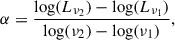 Mathematical equation: $$ \begin{aligned} \alpha = \frac{\log (L_{\nu _2}) - \log (L_{\nu _1})}{\log (\nu _2) - \log (\nu _1)}, \end{aligned} $$
