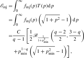 Mathematical equation: $$ \begin{aligned} \fancyscript {E}_\text{inj}=&\int _0^\infty f_\text{inj}(p)T(p)\mathrm{d} p \nonumber \\ =&\int _0^\infty f_\text{inj}(p)\left(\sqrt{1+p^2}-1\right)\mathrm{d} p \nonumber \\ =&\frac{C}{q-1}\left[\frac{1}{2}\fancyscript {B}_\frac{1}{1+p_\text{min}^2}\left(\frac{q-2}{2},\frac{3-q}{2}\right)\right. \\&\left.+p_\text{min}^{1-q}\left(\sqrt{1+p_\text{min}^2}-1\right)\right],\nonumber \end{aligned} $$