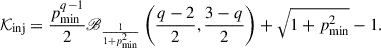 Mathematical equation: $$ \begin{aligned} \mathcal{K} _\text{inj}=\frac{p_\text{min}^{q-1}}{2}\fancyscript {B}_\frac{1}{1+p_\text{min}^2}\left(\frac{q-2}{2},\frac{3-q}{2}\right)+\sqrt{1+p_\text{min}^2}-1. \end{aligned} $$