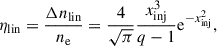 Mathematical equation: $$ \begin{aligned} \eta _\text{lin}=\frac{\Delta n_\text{lin}}{n_\text{e}}=\frac{4}{\sqrt{\pi }}\frac{x_\text{inj}^3}{q-1}\mathrm{e} ^{-x_\text{inj}^2} , \end{aligned} $$
