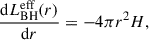 Mathematical equation: $$ \begin{aligned} \frac{\mathrm{d} L_\text{BH}^\text{eff}(r)}{\mathrm{d} r} = -4\pi r^2 H, \end{aligned} $$
