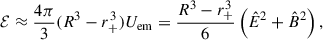 Mathematical equation: $$ \begin{aligned} \mathcal{E} \approx \frac{4 \pi }{3} (R^3-r_+^3) U_{\rm em} = \frac{R^3-r_+^3}{6}\left(\hat{E}^2 + \hat{B}^2\right), \end{aligned} $$