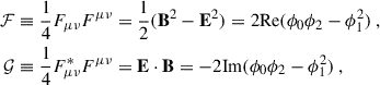 Mathematical equation: $$ \begin{aligned} {\mathcal{F} }&\equiv \frac{1}{4}F_{\mu \nu }F^{\mu \nu }=\frac{1}{2}(\mathbf{B}^2-\mathbf{E}^2)=2\mathrm{Re}(\phi _0\phi _2-\phi _1^2)\ ,\nonumber \\ {\mathcal{G} }&\equiv \frac{1}{4}F_{\mu \nu }^*F^{\mu \nu }=\mathbf{E}\cdot \mathbf{B}=-2\mathrm{Im}(\phi _0\phi _2-\phi _1^2)\ , \end{aligned} $$