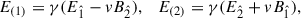 Mathematical equation: $$ \begin{aligned} E_{(1)}&= \gamma (E_{\hat{1}} - v B_{\hat{2}}),\quad E_{(2)} = \gamma (E_{\hat{2}} + v B_{\hat{1}}),\end{aligned} $$