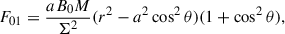 Mathematical equation: $$ \begin{aligned} F_{01}&= \frac{a B_0 M}{\Sigma ^2}(r^2-a^2 \cos ^2\theta )(1+\cos ^2\theta ),\end{aligned} $$