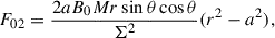 Mathematical equation: $$ \begin{aligned} F_{02}&= \frac{2 a B_0 M r \sin \theta \cos \theta }{\Sigma ^2}(r^2-a^2),\end{aligned} $$
