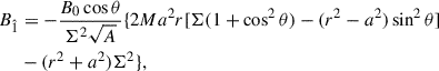 Mathematical equation: $$ \begin{aligned} B_{\hat{1}}&= -\frac{B_0 \cos \theta }{\Sigma ^2 \sqrt{A}} \{2 M a^2 r [\Sigma (1 + \cos ^2\theta )-(r^2-a^2) \sin ^2\theta ] \nonumber \\&-(r^2+a^2)\Sigma ^2\},\end{aligned} $$