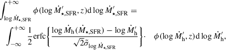 Mathematical equation: $$ \begin{aligned}&\int _{\log \dot{M}_{\rm \star , SFR}}^{+\infty } \phi ( \log \dot{M}_{\rm \star , SFR}^{\prime }, z) \mathrm{d} \log \dot{M}_{\rm \star , SFR}^{\prime } = \nonumber \\&\quad \int _{-\infty }^{+\infty } \frac{1}{2} \mathrm{erfc} \Bigg \{ \frac{\log \dot{M}_{\rm h} (\dot{M}_{\rm \star , SFR}) - \log \dot{M}_{\rm h}^{\prime } }{\sqrt{2} \tilde{\sigma }_{\log \dot{M}_{\rm \star , SFR}}} \Bigg \} \cdot&\phi ( \log \dot{M}_{\rm h}^{\prime }, z) \mathrm{d} \log \dot{M}_{\rm h}^{\prime }, \end{aligned} $$