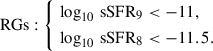 Mathematical equation: $$ \begin{aligned}&\mathrm{RGs} : \left\{ \begin{aligned}&\log _{10} \, \mathrm{sSFR}_9 < -11, \\&\log _{10} \, \mathrm{sSFR}_8 < -11.5. \end{aligned} \right. \end{aligned} $$