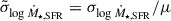 Mathematical equation: $ \tilde{\sigma}_{\log \dot{M}_{\mathrm{\star,SFR}}} = \sigma_{\log \dot{M}_{\mathrm{\star,SFR}}} / \mu $