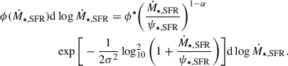 Mathematical equation: $$ \begin{aligned} \phi (\dot{M}_{\rm \star ,SFR}) \mathrm{d}&\log \dot{M}_{\rm \star ,SFR} = \phi ^\star \bigg ( \frac{\dot{M}_{\rm \star ,SFR}}{\psi _{\rm \star ,SFR}} \bigg )^{1-\alpha }\nonumber \\&\exp \bigg [ - \frac{1}{2\sigma ^2} \log ^2_{10} \bigg ( 1 + \frac{\dot{M}_{\rm \star ,SFR}}{\psi _{\rm \star ,SFR}} \bigg ) \bigg ] \mathrm{d} \log \dot{M}_{\rm \star ,SFR}. \end{aligned} $$