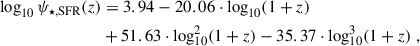 Mathematical equation: $$ \begin{aligned} \log _{10} \psi _{\rm \star ,SFR} (z)&= 3.94 - 20.06 \cdot \log _{10}(1+z)\nonumber \\&+ 51.63 \cdot \log ^2_{10}(1+z) - 35.37 \cdot \log ^3_{10}(1+z) \; ,\end{aligned} $$