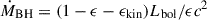Mathematical equation: $ \dot{M}_{\mathrm{BH}} = (1 - \epsilon - \epsilon_{\mathrm{kin}}) L_{\mathrm{bol}} / \epsilon c^2 $