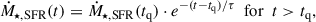 Mathematical equation: $$ \begin{aligned} \dot{M}_{\rm \star ,SFR} (t) = \dot{M}_{\rm \star ,SFR} (t_{\rm q}) \cdot e^{ - (t - t_{\rm q}) / \tau } \,\,\, \mathrm{for} \,\,\, t>t_{\rm q}, \end{aligned} $$