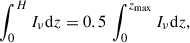 Mathematical equation: $$ \begin{aligned} \int _0^H I_{\nu } \mathrm{d}z=0.5\,\int _0^{z_{\rm max}}I_{\nu } \mathrm{d}z, \end{aligned} $$
