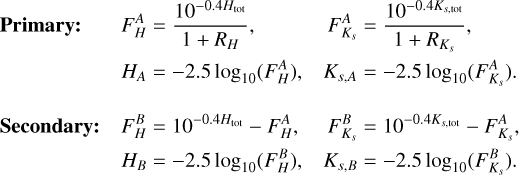Mathematical equation: \begin{alignat*}{3}&\textbf{Primary:} \quad&F_H^{A} &= \frac{10^{-0.4 H_{\mathrm{tot}}}}{1 + R_H}, \quad&F_{K_s}^{A} &= \frac{10^{-0.4 K_{s,\mathrm{tot}}}}{1 + R_{K_s}}, \\&&H_A &= -2.5 \log_{10}(F_H^{A}), \quad&K_{s,A} &= -2.5 \log_{10}(F_{K_s}^{A}). \\\\[-1.2ex]&\textbf{Secondary:} \quad&F_H^{B} &= 10^{-0.4 H_{\mathrm{tot}}} - F_H^{A}, \quad&F_{K_s}^{B} &= 10^{-0.4 K_{s,\mathrm{tot}}} - F_{K_s}^{A}, \\&&H_B &= -2.5 \log_{10}(F_H^{B}), \quad&K_{s,B} &= -2.5 \log_{10}(F_{K_s}^{B}).\end{alignat*}