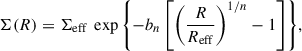 Mathematical equation: $$ \begin{aligned} \Sigma (R) = \Sigma _\mathrm{eff} ~\exp {\left\{ -b_n \left[ \left(\frac{R}{R_{\mathrm{eff} }} \right)^{1/n} -1 \right] \right\} }, \end{aligned} $$
