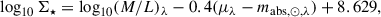 Mathematical equation: $$ \begin{aligned} \log _{10} \Sigma _\star = \log _{10} (M/L)_\lambda - 0.4(\mu _\lambda - m_{\mathrm{abs},\odot ,\lambda }) + 8.629, \end{aligned} $$