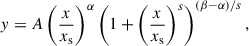Mathematical equation: $$ \begin{aligned} y=A\left(\frac{x}{x_{\rm s}}\right)^\alpha \left(1 + \left(\frac{x}{x_{\rm s}}\right)^s\right)^{(\beta - \alpha )/s}, \end{aligned} $$