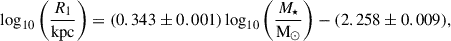 Mathematical equation: $$ \begin{aligned} \log _{10}\left(\frac{R_1}{\mathrm{kpc} }\right) = (0.343\pm 0.001)\log _{10}\left(\frac{M_\star }{\mathrm{M}_\odot }\right) - (2.258\pm 0.009), \end{aligned} $$