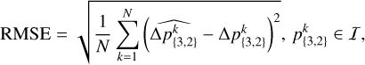 Mathematical equation: \mathrm{RMSE} = \sqrt{\frac{1}{N}\sum_{k=1}^{N}\left(\widehat{\Delta p^k_{\{3,2\}}} - \Delta p^k_{\{3,2\}}\right)^2},\,p_{\{3,2\}}^k \in \mathcal{I},