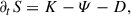 Mathematical equation: $$ \begin{aligned} \partial _t S = K - \varPsi - D ,\end{aligned} $$