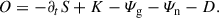 Mathematical equation: $$ \begin{aligned} O=-\partial _t S + K - \varPsi _{\mathrm{g} } - \varPsi _{\mathrm{n} } - D. \end{aligned} $$