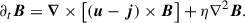 Mathematical equation: $$ \begin{aligned} \partial _t\boldsymbol{B}&= \boldsymbol{\nabla }\times \left[(\boldsymbol{u}-\boldsymbol{j})\times \boldsymbol{B}\right] +\eta \nabla ^2\boldsymbol{B} . \end{aligned} $$