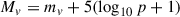 Mathematical equation: $$ \begin{aligned} M_v&= m_v + 5(\log _{10} p + 1)\end{aligned} $$