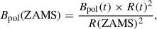 Mathematical equation: $$ \begin{aligned} B_{\rm pol}(\mathrm{ZAMS}) = \frac{B_{\rm pol}(t)\times R(t)^2}{R(\mathrm{ZAMS})^2}, \end{aligned} $$