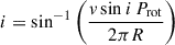 Mathematical equation: $$ \begin{aligned} i&= \sin ^{-1}\left(\frac{v \sin i \, P_{\rm rot}}{2\pi R}\right)\end{aligned} $$