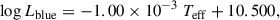 Mathematical equation: $$ \begin{aligned} \log L_{\rm blue}&= -1.00\times 10^{-3}\; T_{\rm eff} + 10.500, \end{aligned} $$