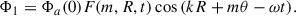 Mathematical equation: $$ \begin{aligned} \Phi _1= \Phi _a(0) F(m,R,t) \cos {(kR+m\theta -\omega t)}. \end{aligned} $$