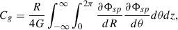 Mathematical equation: $$ \begin{aligned} C_g=\frac{R}{4G}\int _{-\infty }^{\infty }\int _0^{2\pi } \frac{\partial \Phi _{sp}}{dR}\frac{\partial \Phi _{sp}}{d\theta }d\theta dz, \end{aligned} $$