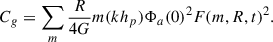 Mathematical equation: $$ \begin{aligned} C_g=\sum _m\frac{R}{4G} m (k h_p)\Phi _a(0)^2 F(m,R,t)^2 . \end{aligned} $$
