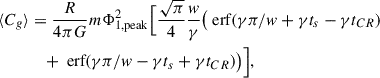 Mathematical equation: $$ \begin{aligned} \langle C_g\rangle&= \frac{R}{4 \pi G} m \Phi _{1,\mathrm {peak}}^2 \Big [\frac{\sqrt{\pi }}{4}\frac{w}{\gamma } \big (\text{ erf}(\gamma \pi /w+\gamma t_s-\gamma t_{CR})\nonumber \\&\quad +\text{ erf}(\gamma \pi /w-\gamma t_s+\gamma t_{CR}) \big )\Big ], \end{aligned} $$