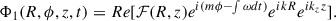 Mathematical equation: $$ \begin{aligned} \Phi _1(R,\phi ,z,t) = Re[\mathcal{F} (R,z)e^{i(m\phi -\int \omega dt)}e^{ik R }e^{i k_z z}] . \end{aligned} $$