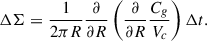 Mathematical equation: $$ \begin{aligned} \Delta \Sigma =\frac{1}{2\pi R}\frac{\partial }{\partial R}\left(\frac{\partial }{\partial R}\frac{C_g}{V_c}\right)\Delta t. \end{aligned} $$