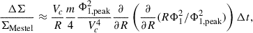 Mathematical equation: $$ \begin{aligned} \frac{\Delta \Sigma }{\Sigma _{\mathrm{Mestel}}}\approx \frac{V_c}{R}\frac{m}{4}\frac{\Phi _{1,\mathrm{peak}}^2}{V_c^4}\frac{\partial }{\partial R}\left(\frac{\partial }{\partial R}(R\Phi _1^2/\Phi _{1,\mathrm{peak}}^2)\right)\Delta t, \end{aligned} $$