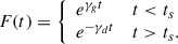 Mathematical equation: $$ \begin{aligned} F(t) = {\left\{ \begin{array}{ll} e^{\gamma _g t}&{t < t_s}\\ e^{-\gamma _d t}&{t>t_s}.\\ \end{array}\right.} \end{aligned} $$