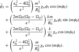 Mathematical equation: $$ \begin{aligned} \ddot{\phi }_1&=\left(\frac{\kappa _0^2-4\Omega _0^2}{\kappa ^2}\right)\frac{m^2}{R_0^2}\chi _a \phi _1\cos {(m\phi _0)}\nonumber \\&+\left(\frac{2m\Omega _0(\Omega _0-\Omega _p)}{\kappa ^2}\right)\frac{km}{R_0}\chi _a \phi _1\sin {(m\phi _0)}\nonumber \\&+\left(\frac{2m\Omega _0(\Omega _0-\Omega _p)}{\kappa ^2}\right)\frac{k}{R_0}\chi _a \cos {(m\phi _0)}\nonumber \\&+\left(\frac{\kappa _0^2-4\Omega _0^2}{\kappa ^2}\right)\frac{m}{R_0^2}\chi _a \cos {(m\phi _0)}. \end{aligned} $$